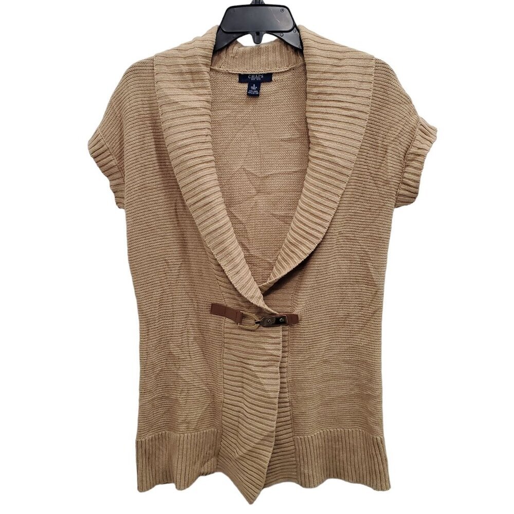 Chaps Women's Tan Beige Linen Blend Knit Fold Over Lapel Belted Wrap Cardigan‎ S